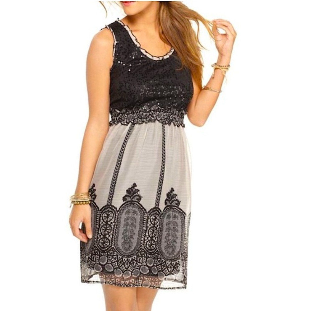 American Rag Black and Champagne Flared high waist Sequin Dress